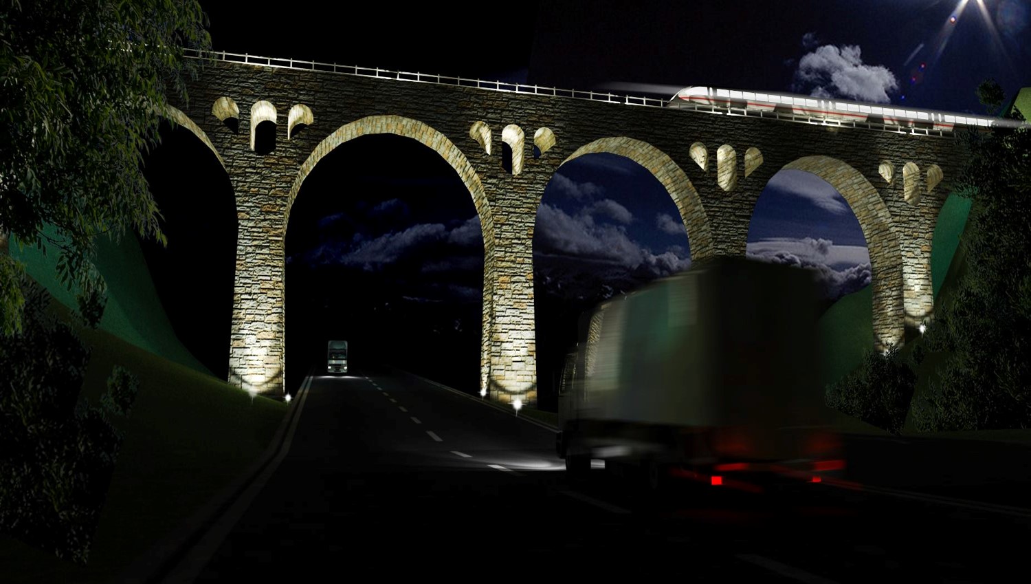 Vizualizace nasvíceného viaduktu v Lewině
